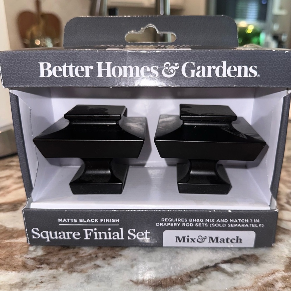 Better Homes & Gardens Square Finial Set for Curtain Rod Matte Black Finish